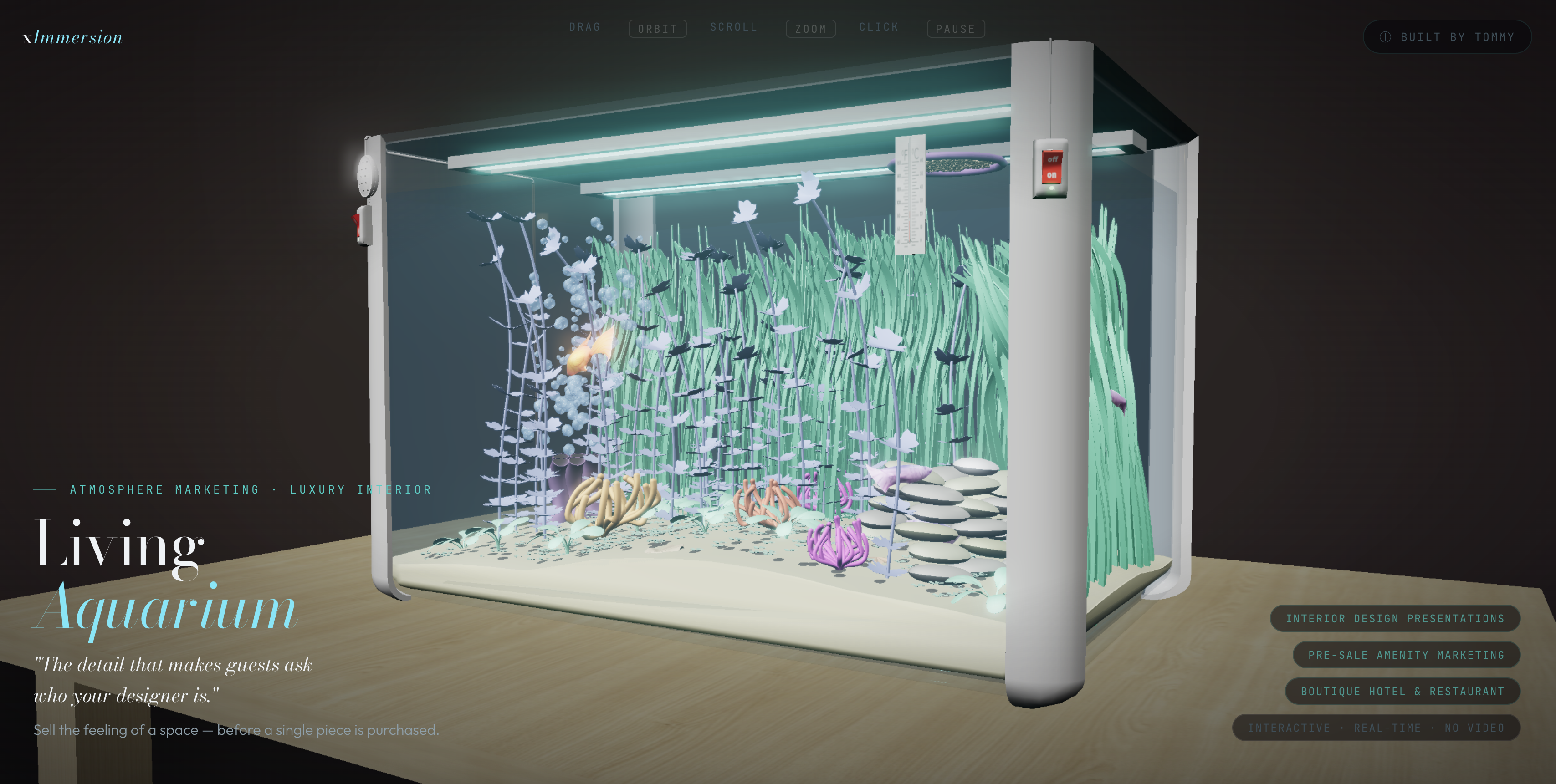 Interactive real-time 3D aquarium environment with glowing teal water, swimming fish, rising bubbles, and a luxury interior lamp — an ambient atmosphere visualization built with Three.js and WebGL by xImmersion